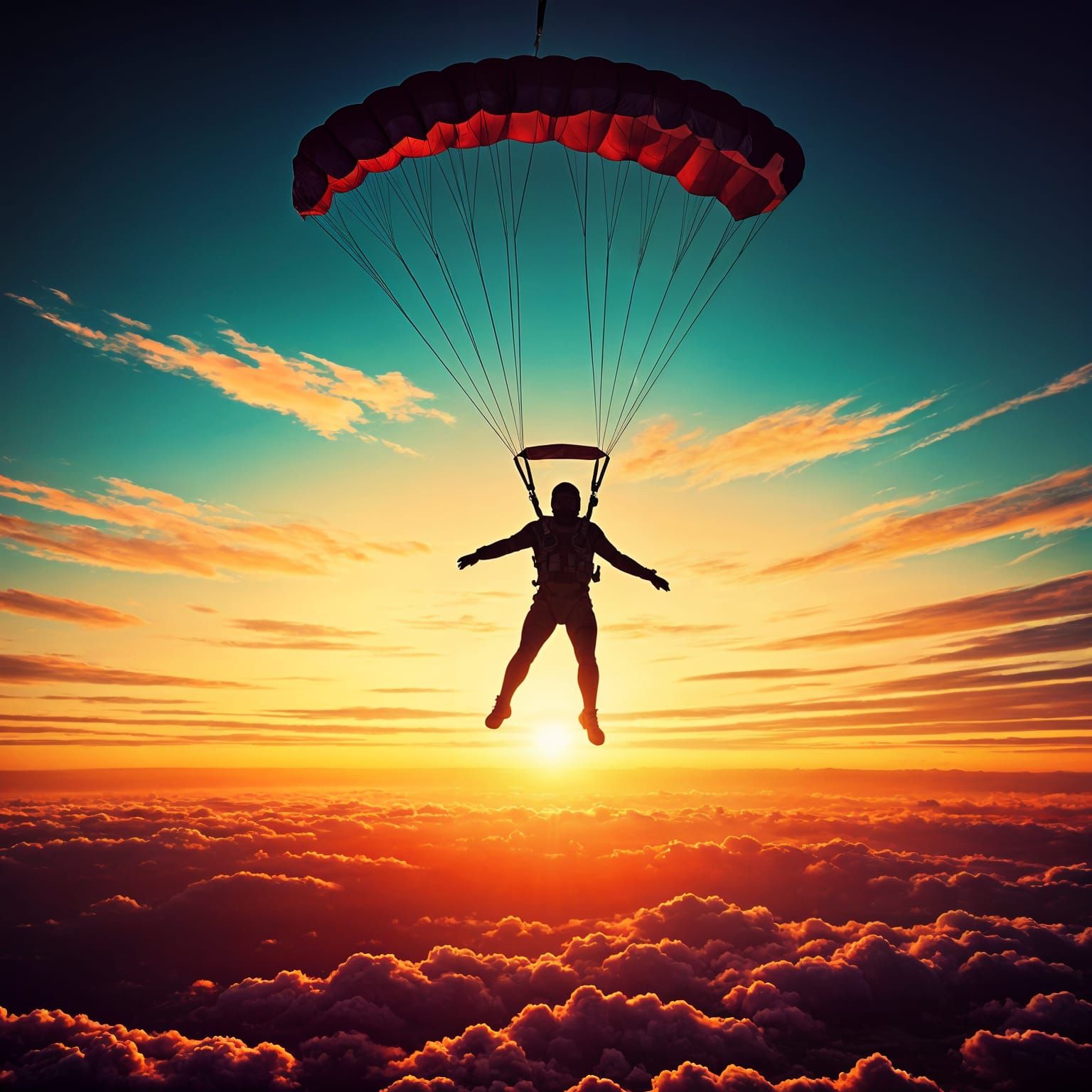 Skydiver in silhouette against a setting sun, parachute bill...