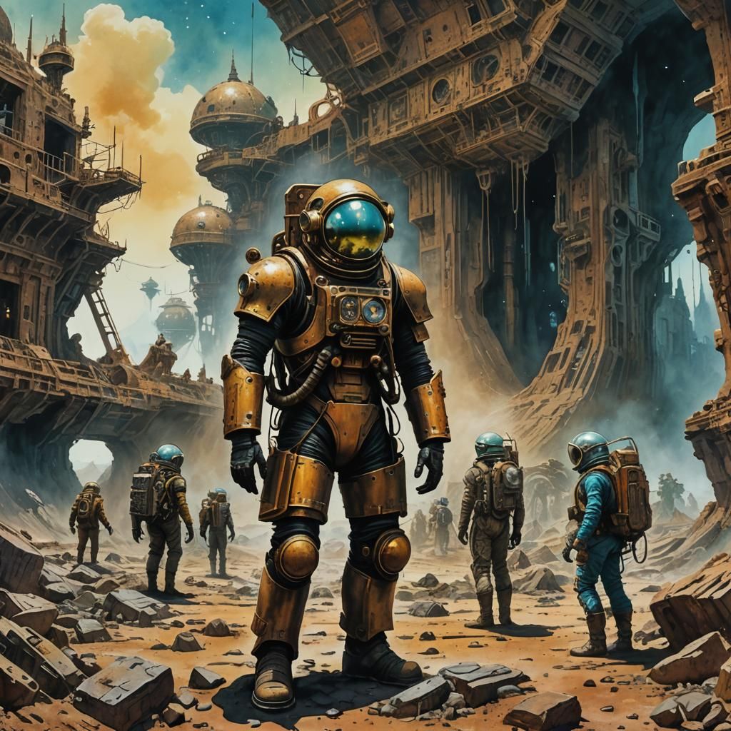 Steampunk Explorers Discover Alien Ruins in Gouache Style