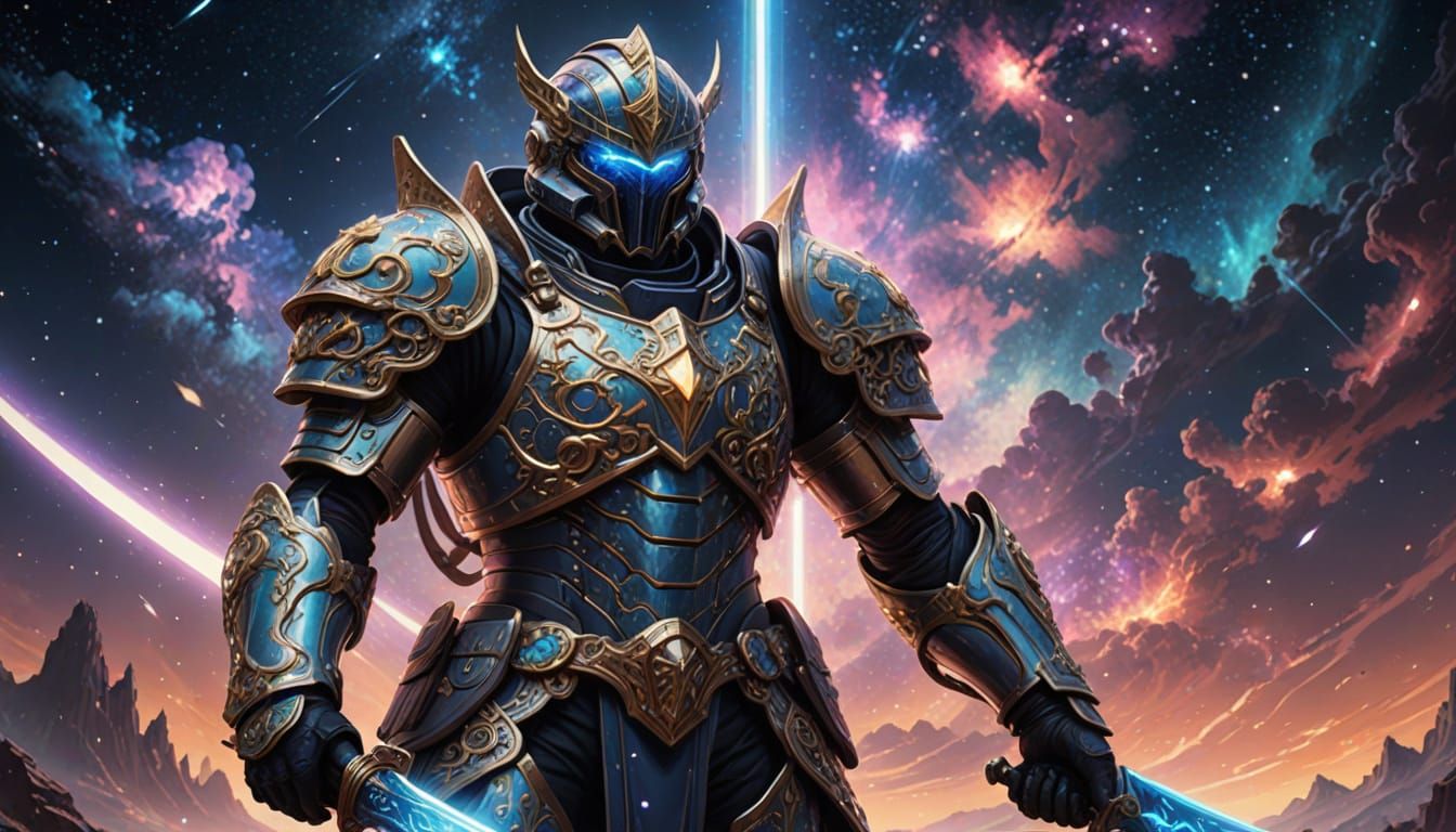 Celestial Warrior Guarding Nebula in Art Nouveau Style