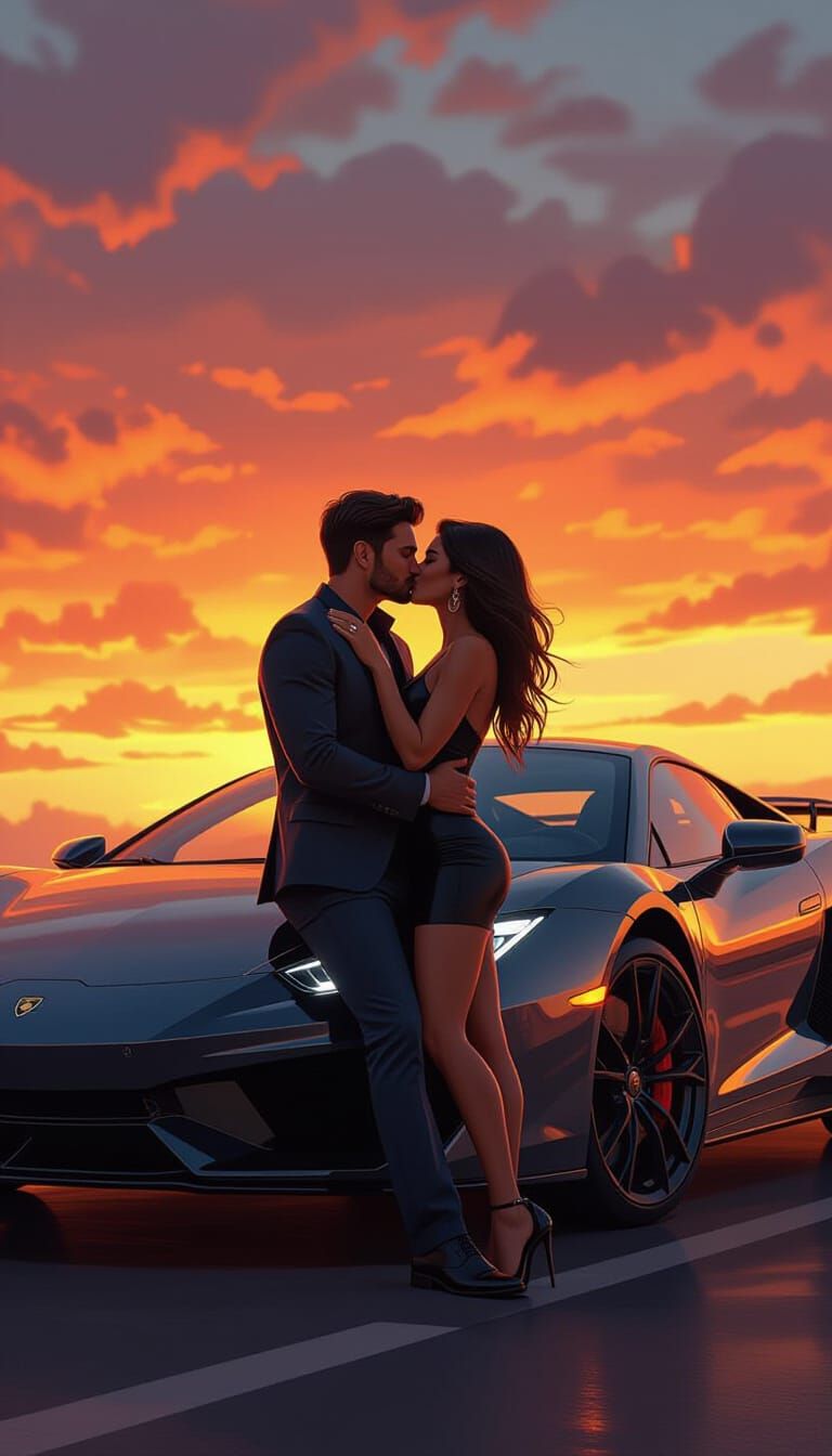 Passionate Couple Embraces Against Sports Car at Sunset