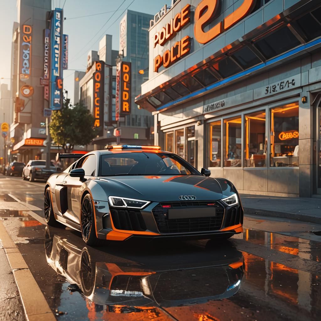Futuristic Police Audi R8 Beside Neon Diner