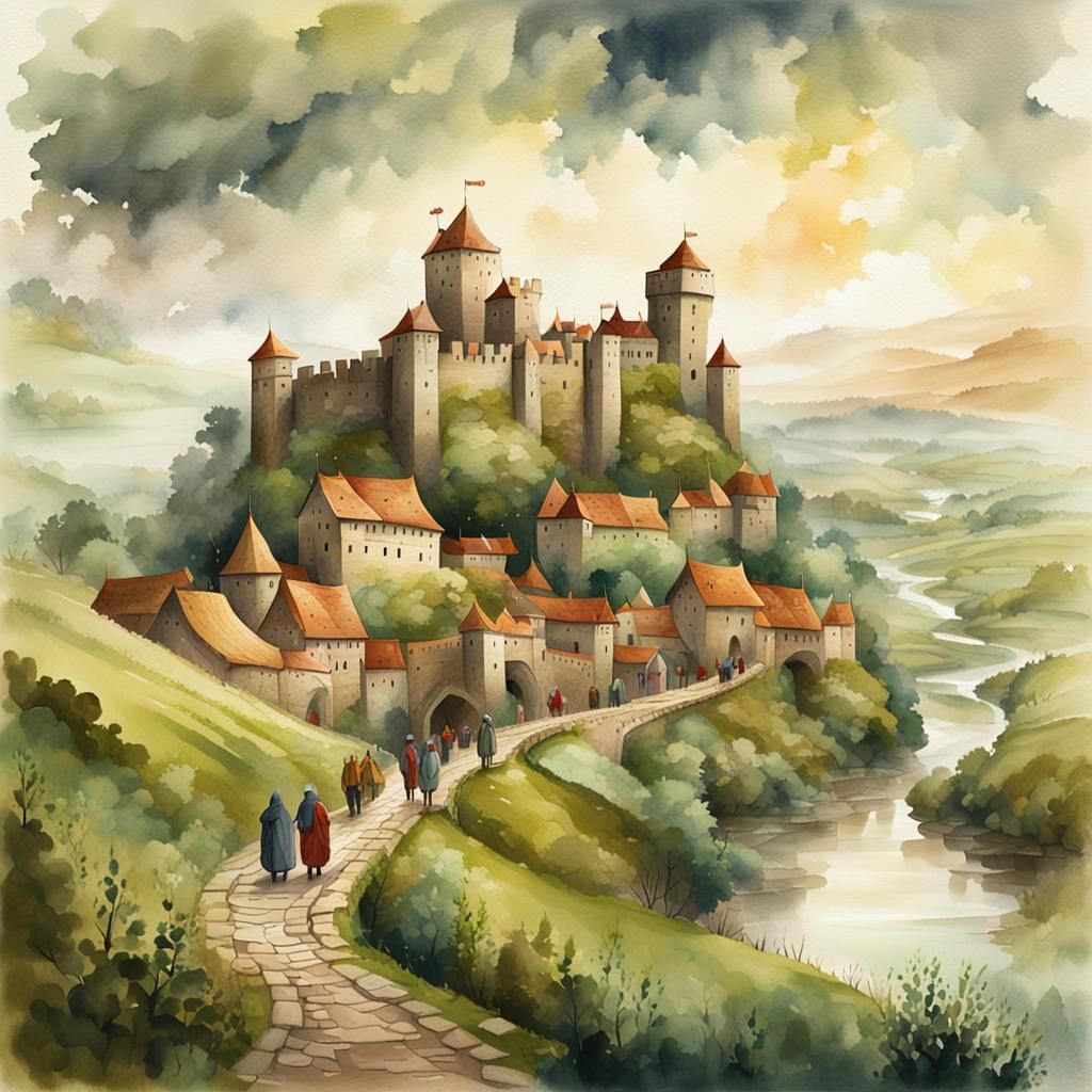 Medieval Castle Landscape in Watercolor Style