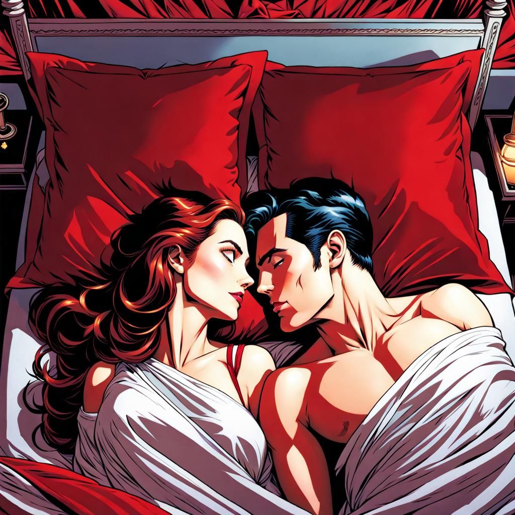 Tender Couple's Gaze on Red Velvet Sheets