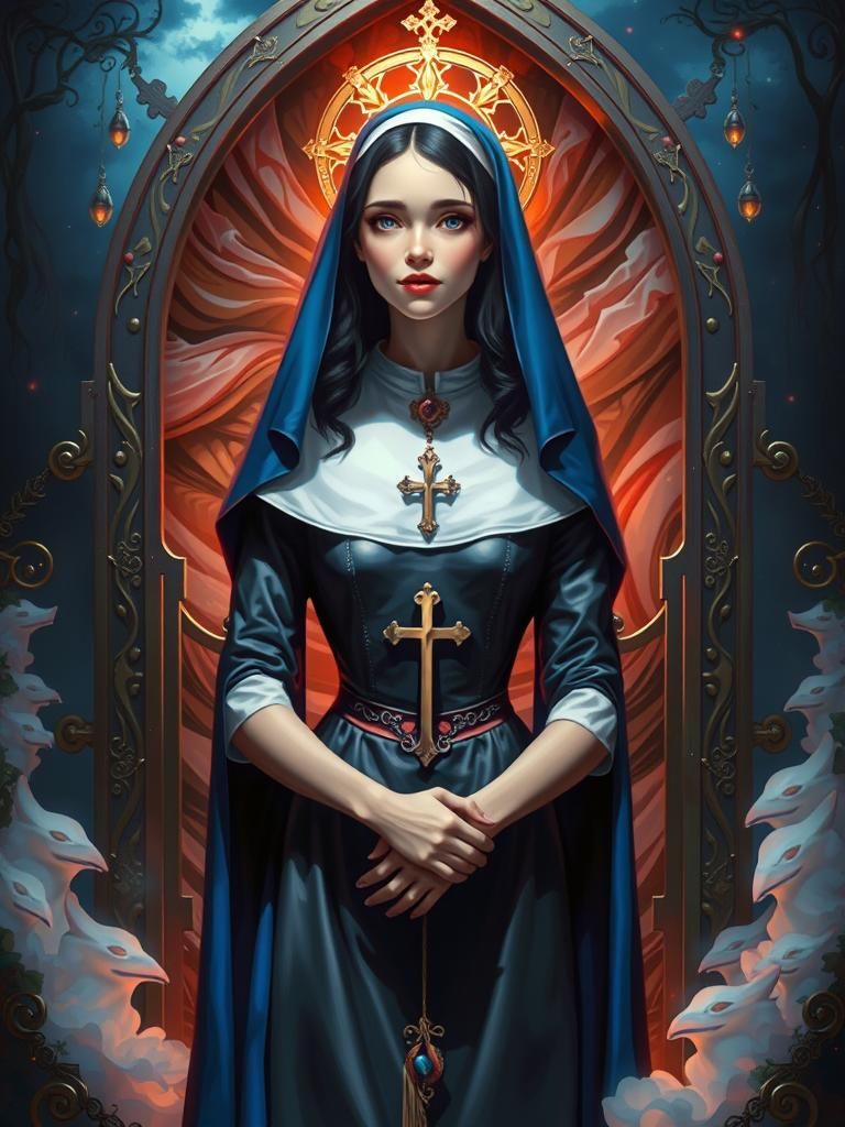 Nun Portrait in Cemetery, Digital Art Nouveau Style