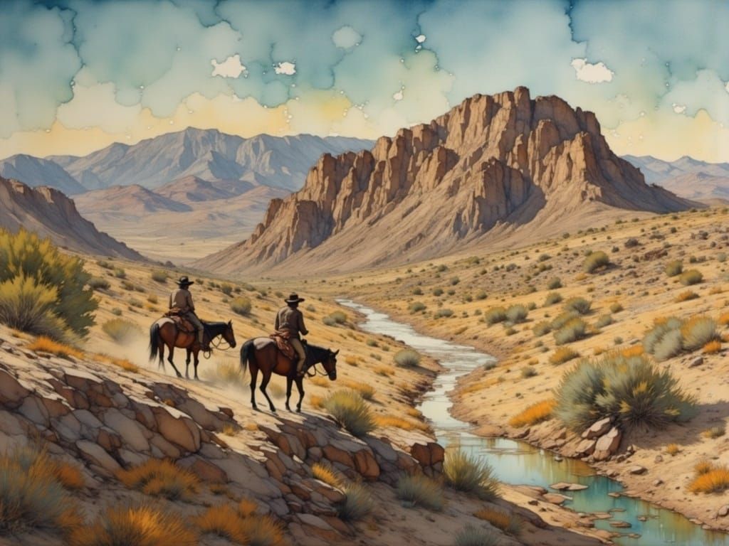 Cowboy Rides Through Tabernas Desert in Painterly Style