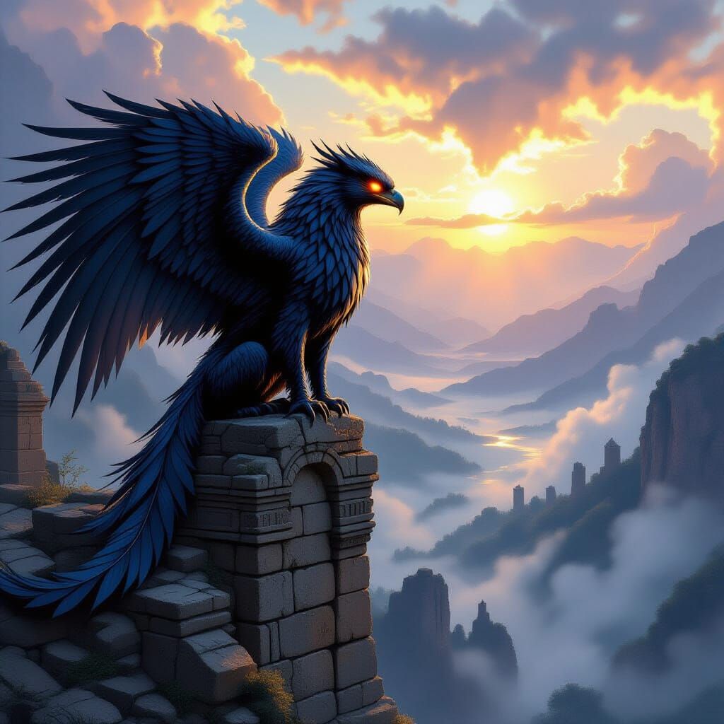 Majestic Griffin Perched on Ancient Ruins