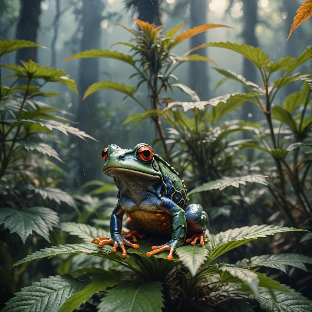 Orange-Eyed Frog in Cannabis Jungle: Realistic Photo