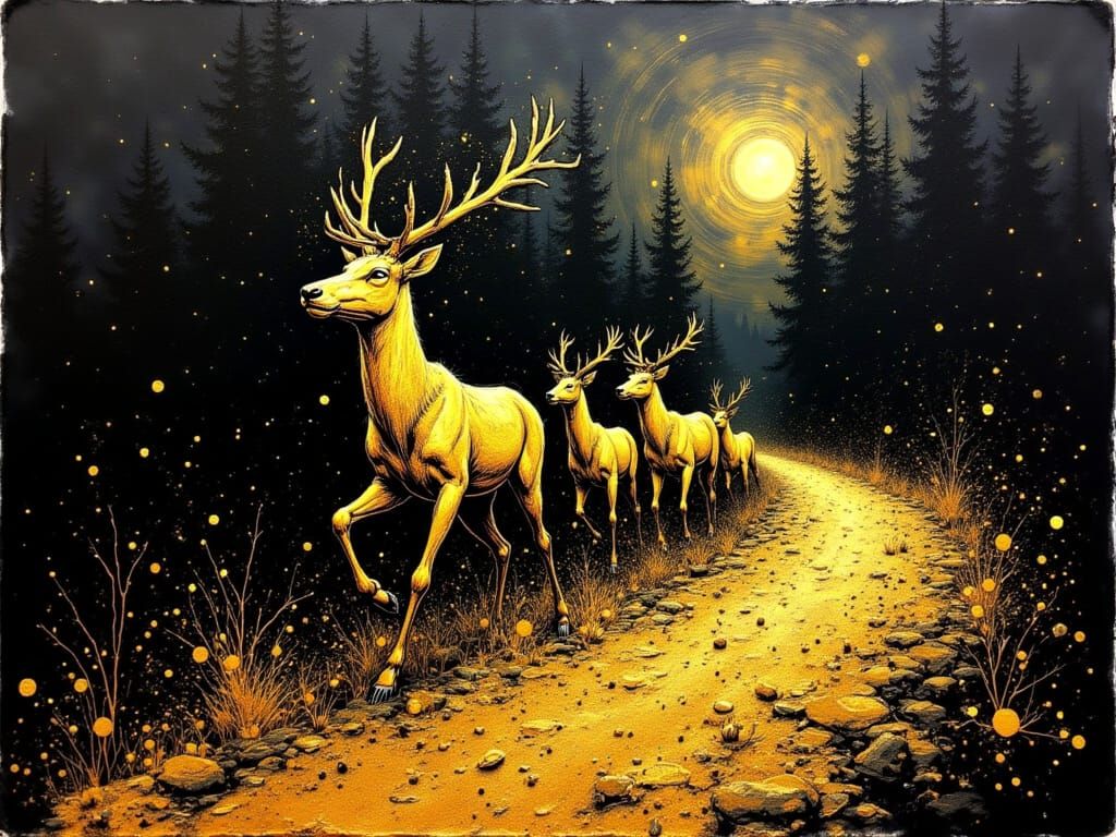Golden Reindeer Runs Through Mystical Forest