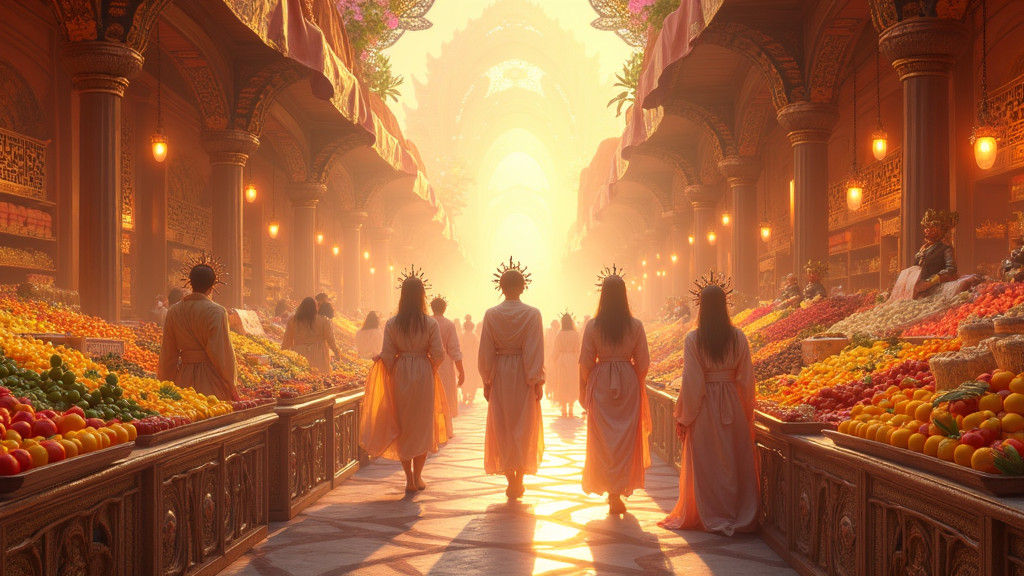 Heavenly Market with Radiant Beings and Exquisite Items