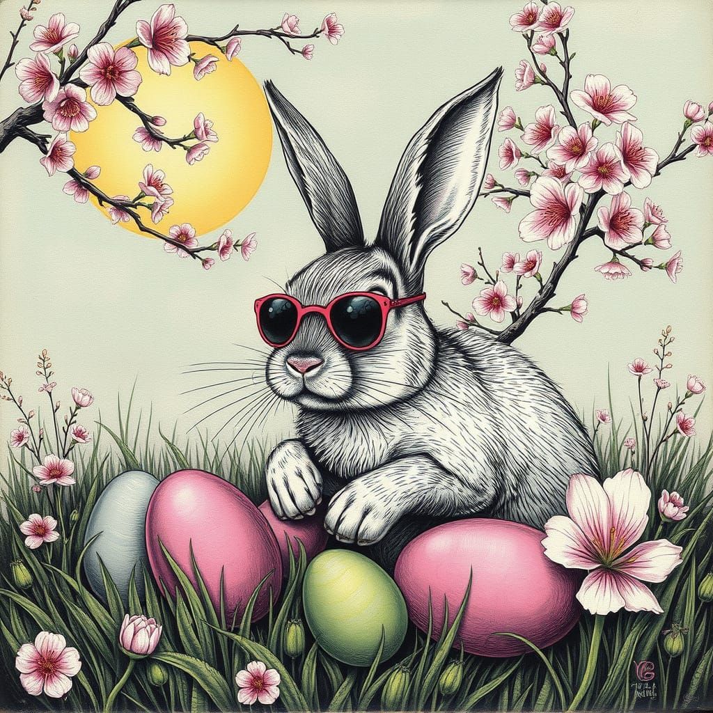 Lowbrow Steampunk Bunny in Cherry Blossom Wonderland