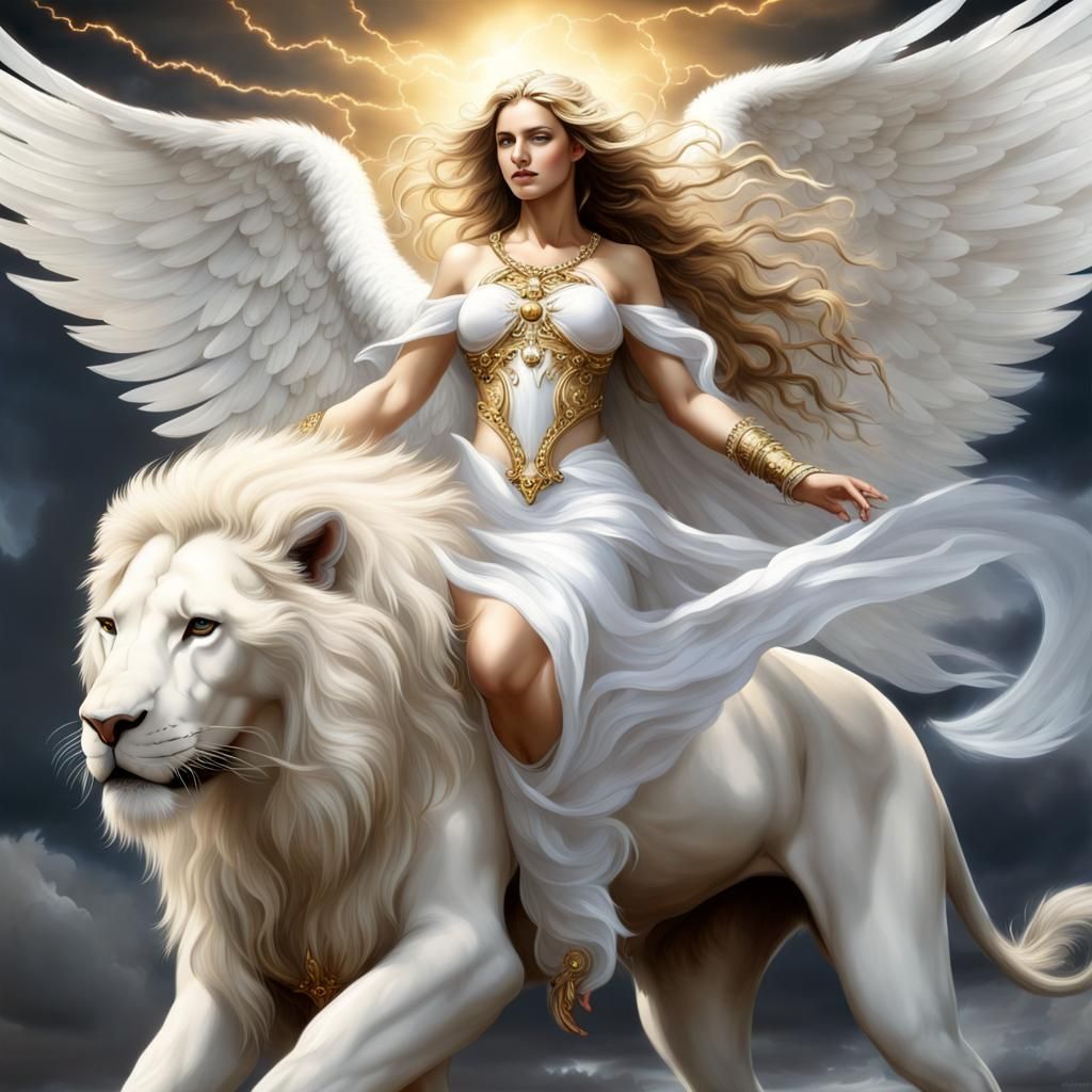 Photorealistic Angel Riding a White Lion