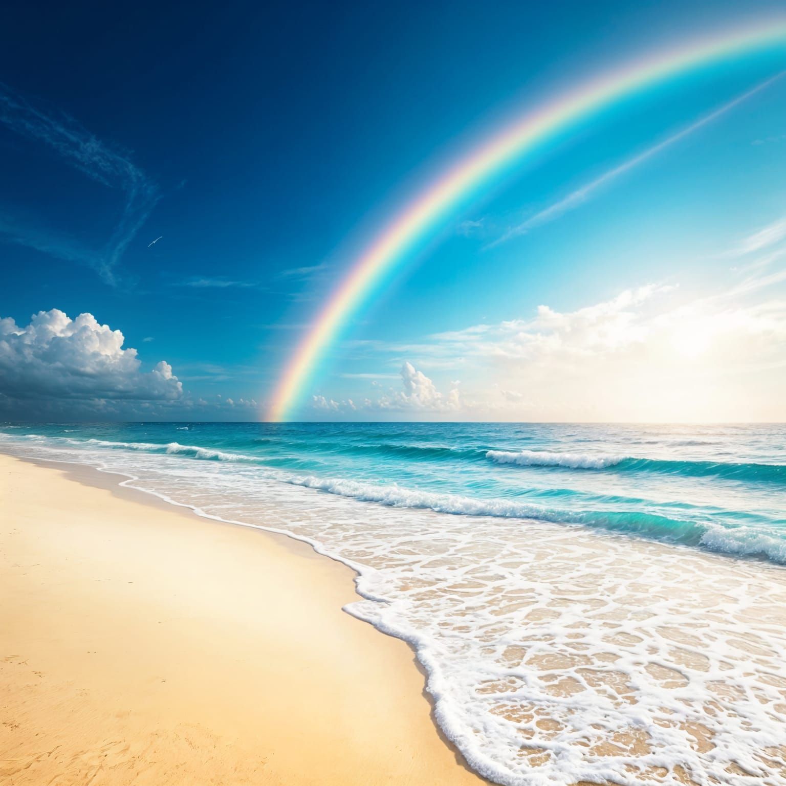 Serene Beach Landscape with Hyper-Realistic Rainbow