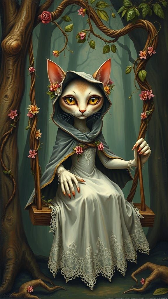 Whimsical Cat with Human Features in Fantastical Wonderland....