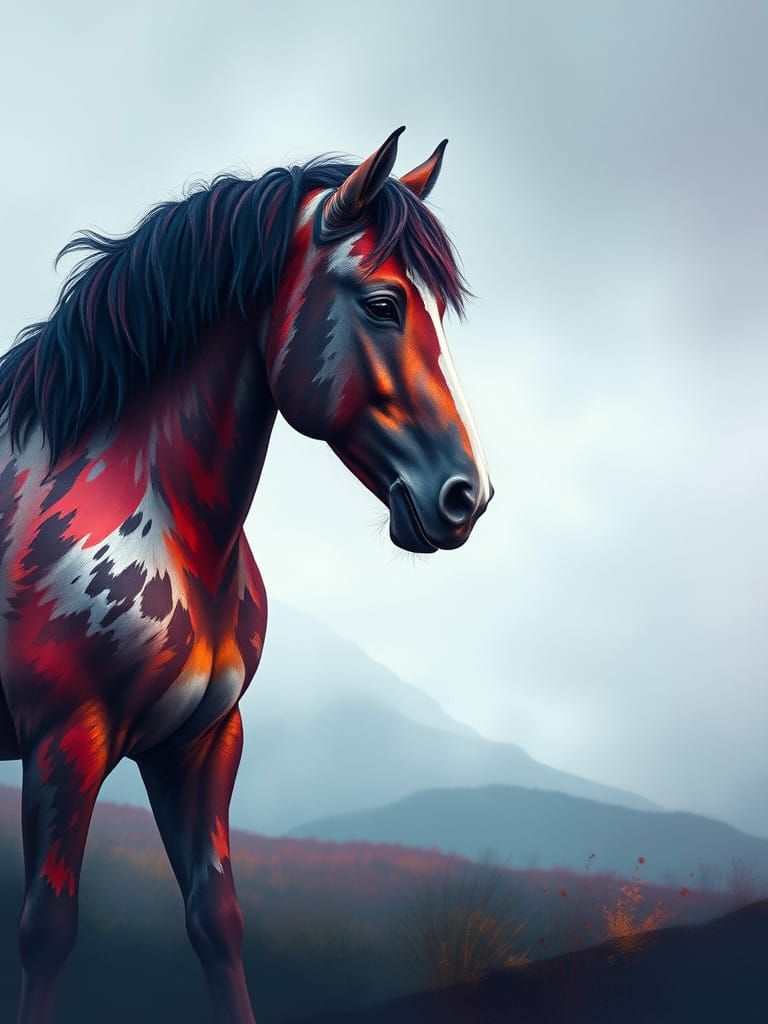 Majestic Piebald Clydesdale in Frenetic Scottish Fog