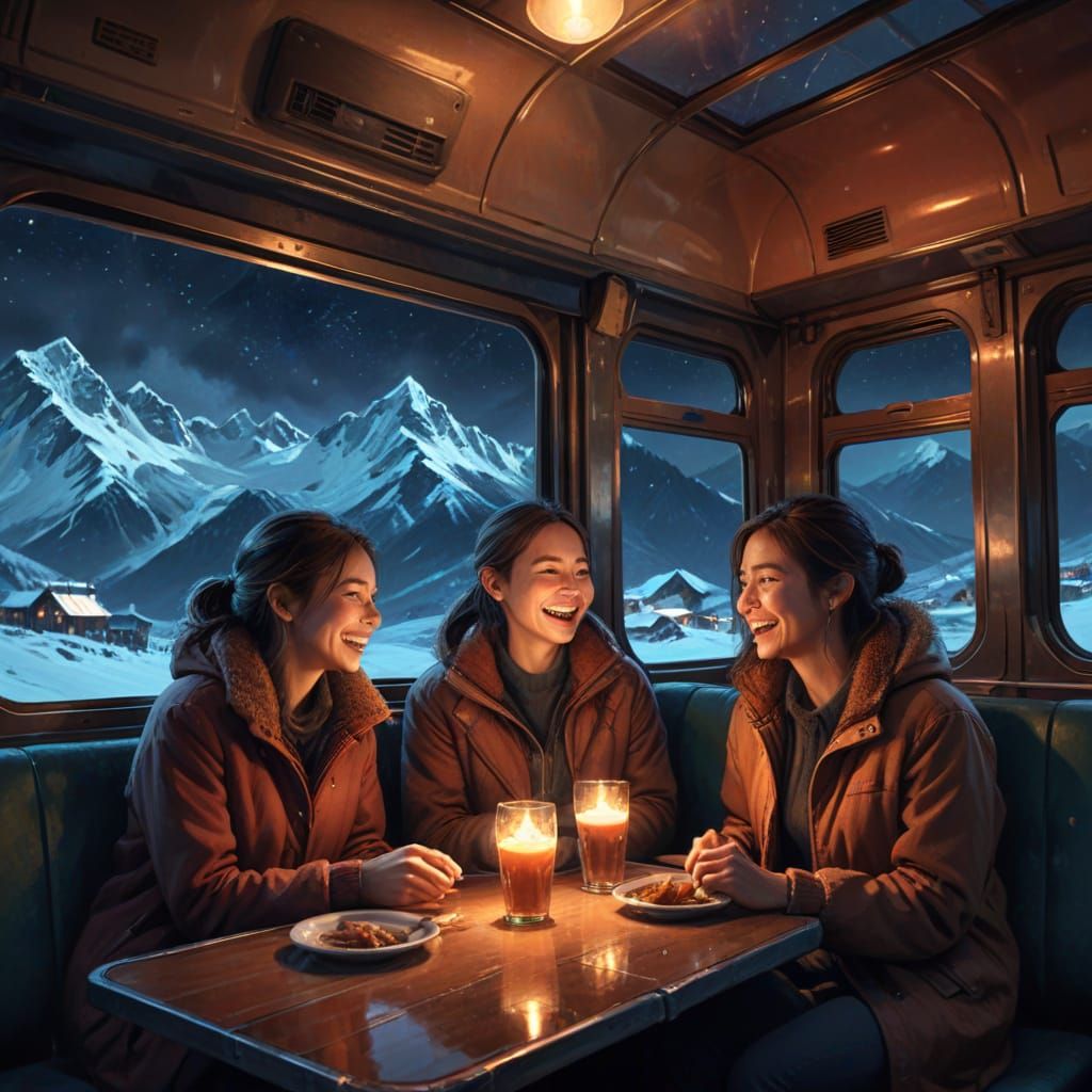 Joyful Diners in Cozy Train Car Amidst Icy Mountains