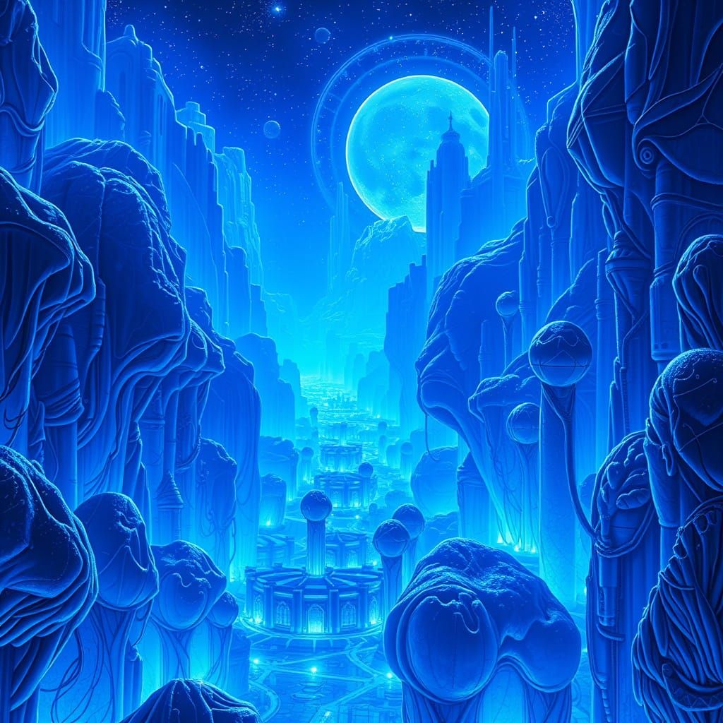 Futuristic Blue Landscape in Art Nouveau Style