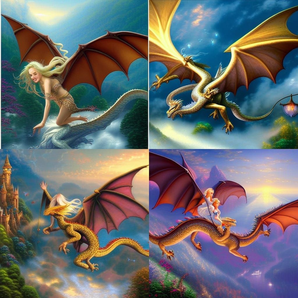 Blonde girl flying on a dragon