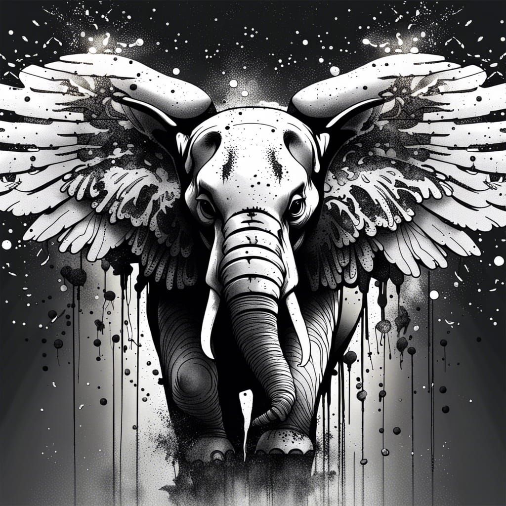 Elephant with Angel Wings in Ink Splatter Drawing