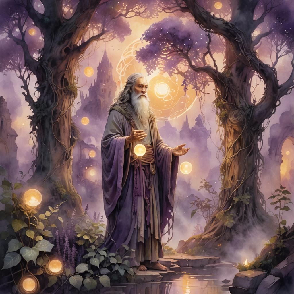 Ethereal Sage in Misty Ruins: Watercolor Fantasy