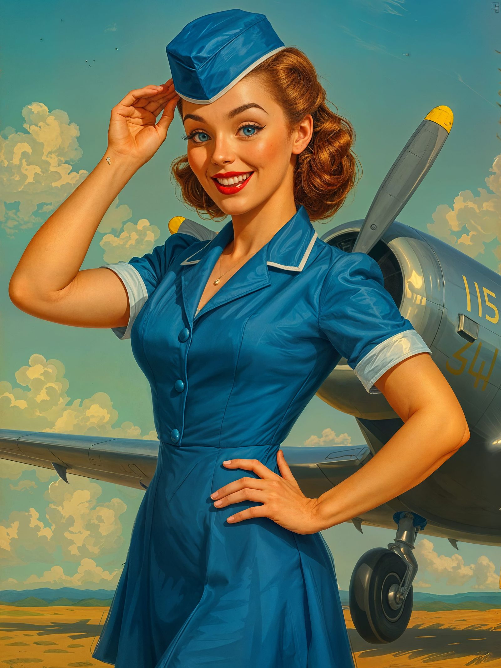 1950s Pin-Up Flight Attendant Ready for Takeoff