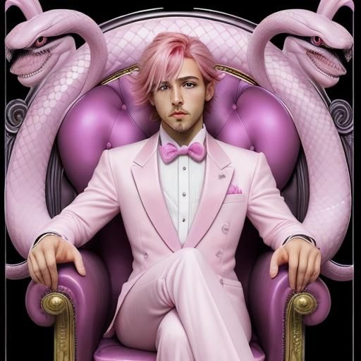 Pink-Haired Male Figure on Throne with Snake