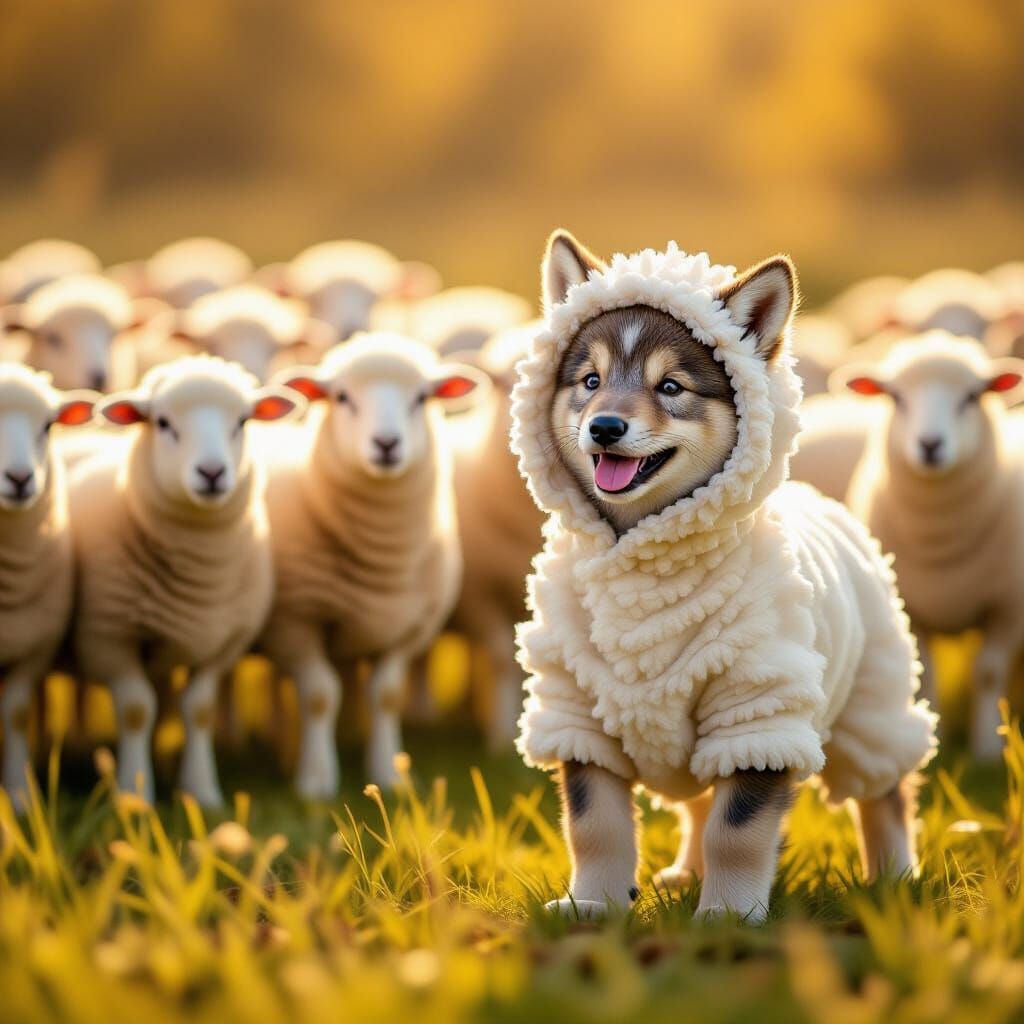Wolf Pup in Sheep Costume in Sunny Meadow