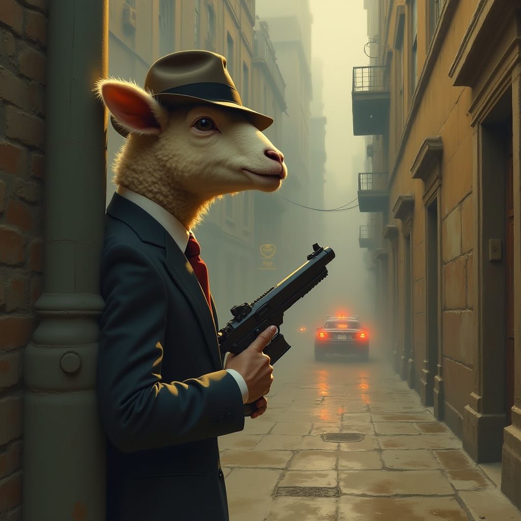 Gangster Lamb Hiding in Surreal Alleyway