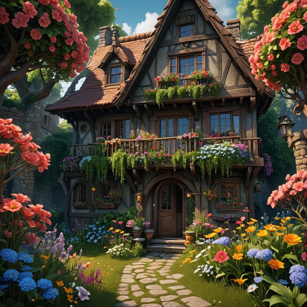 Fairytale Elf House with Flowers and Trees