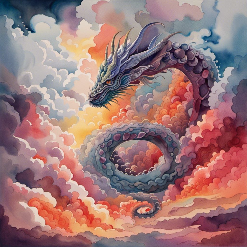 Mystical Dragon Train in Watercolor Painting