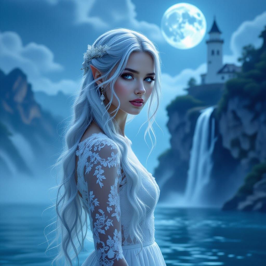 Silver-Haired Siren Merging with Waterfall on Misty Morning