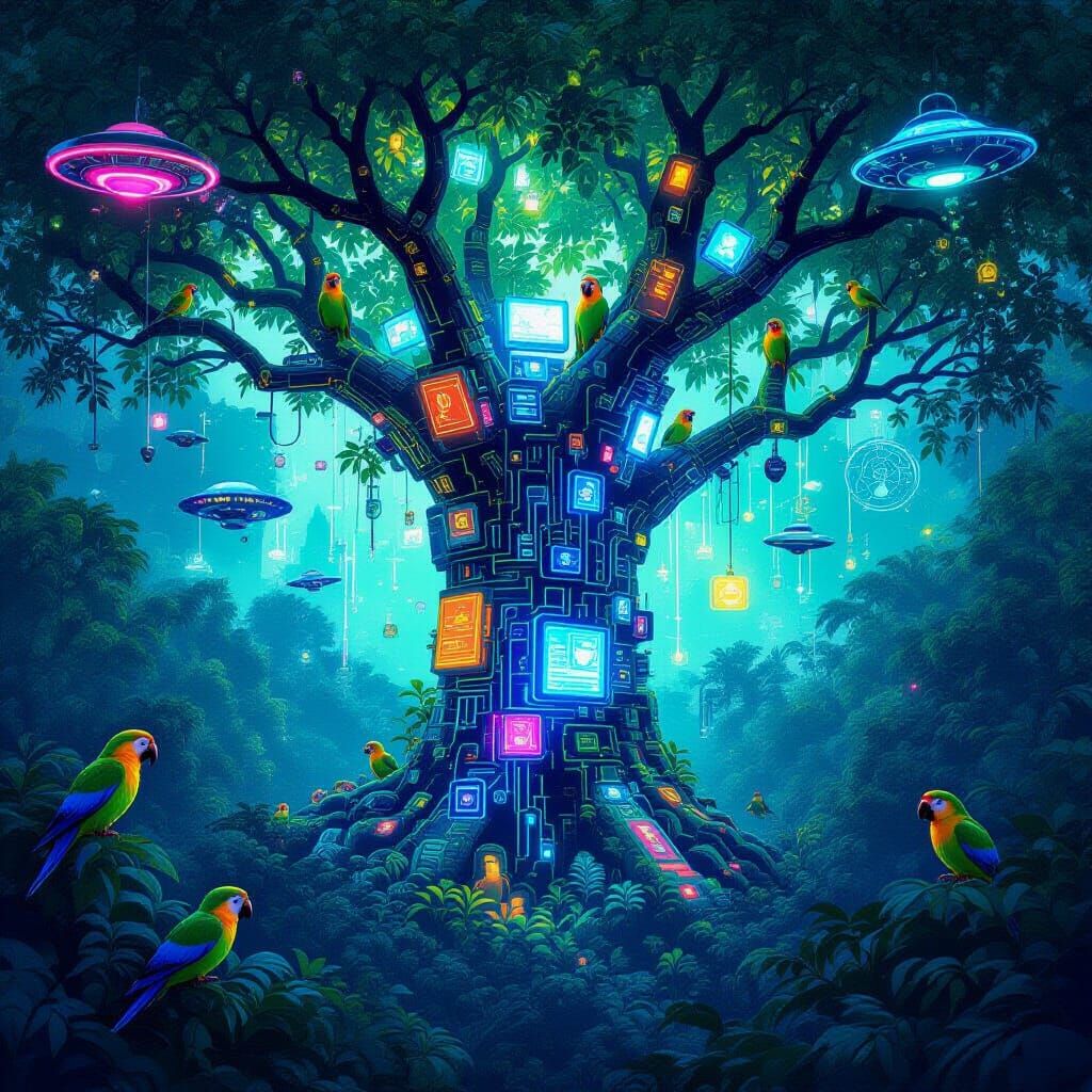 Futuristic Nature with Robots and Neon Lights