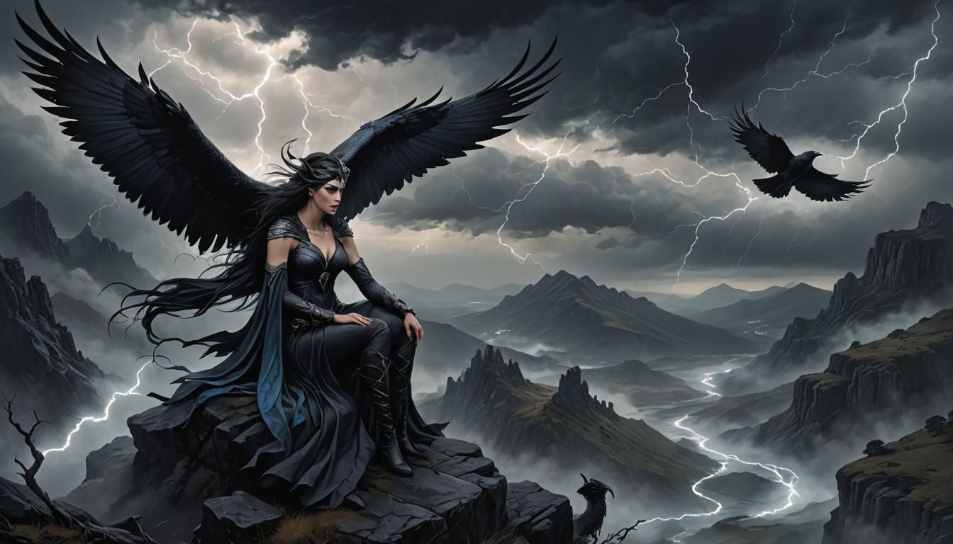 Morrigan Goddess in Stormy Dark Fantasy Illustration