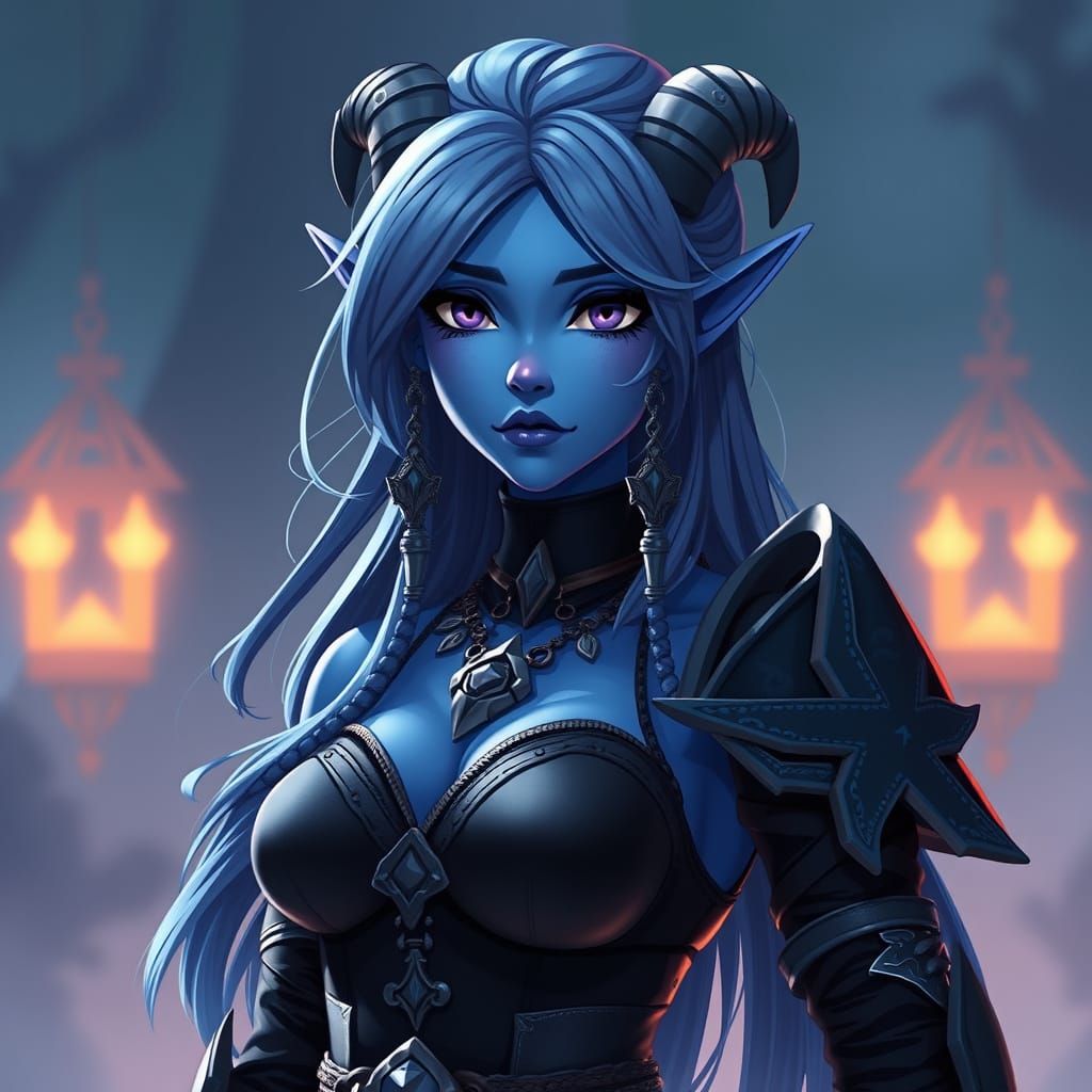 Blue Draenei Goth Girl in Anime Key Visual Style