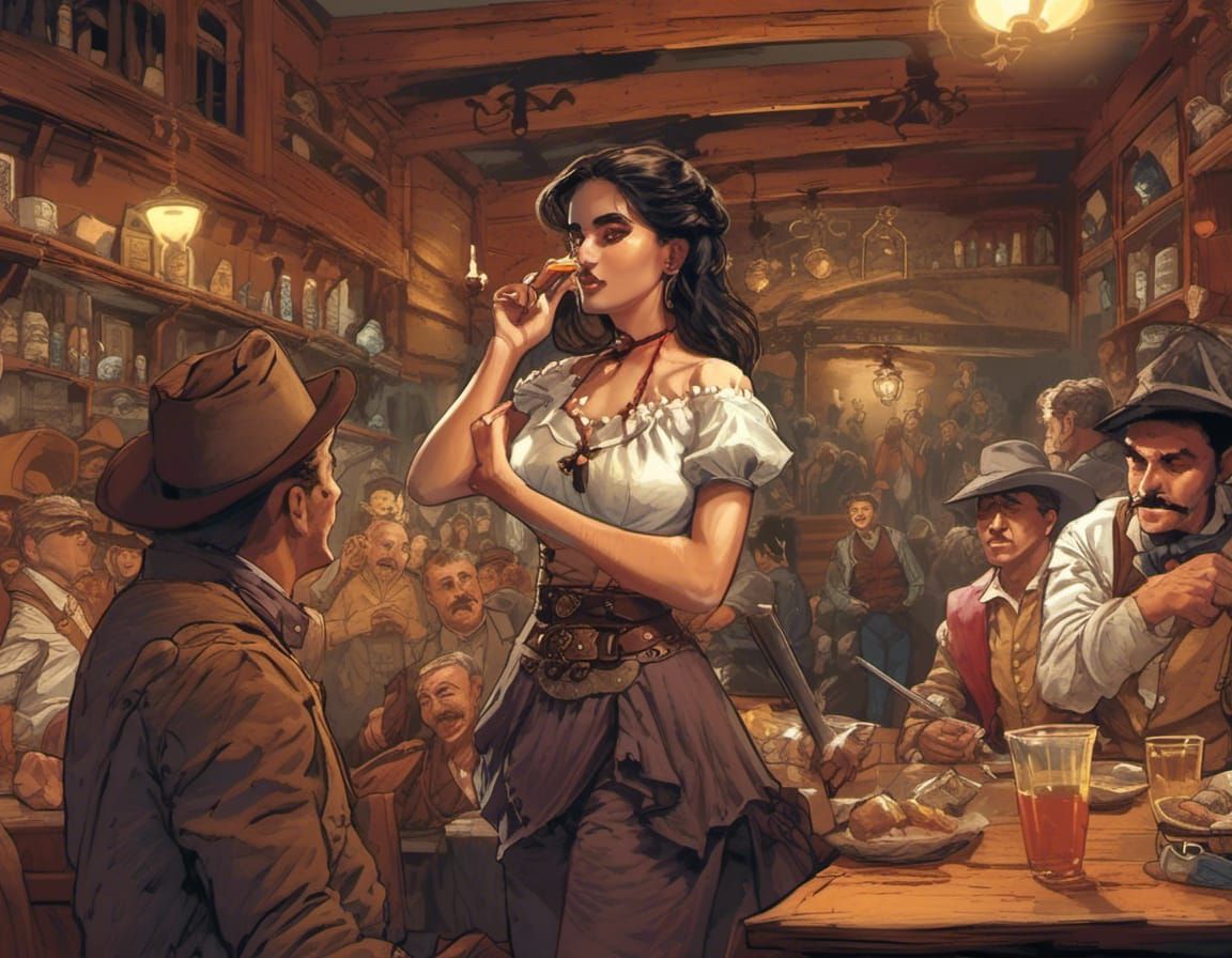 <lora:Animation:1.0> Penelope Cruz spittin’ tobacco in an old west saloon spitton while onlookers dance.
