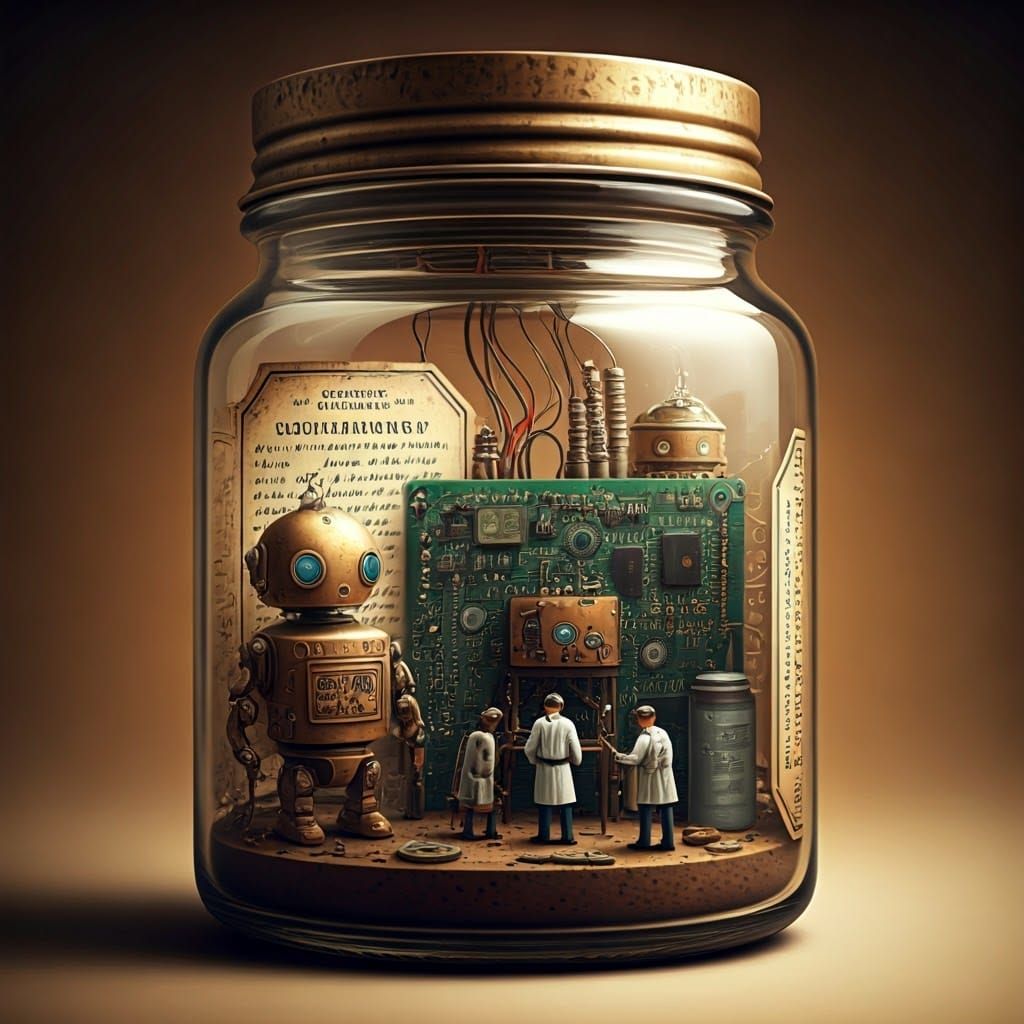 Steampunk Scientists in a Jar: Surreal Sci-Fi Art