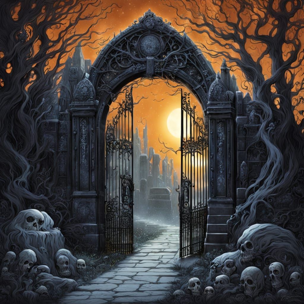 Glowing Gothic Graveyard Gate in a Galactic Atmosphere