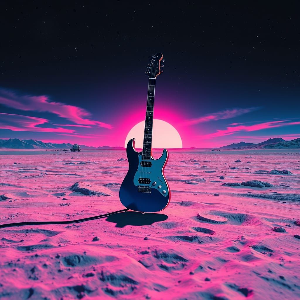 Electric Guitar Under Neon Lunar Sky