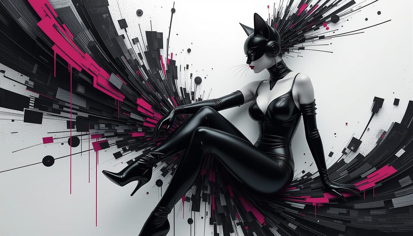 Elegant Retro-Futuristic Cat Woman in Black and White