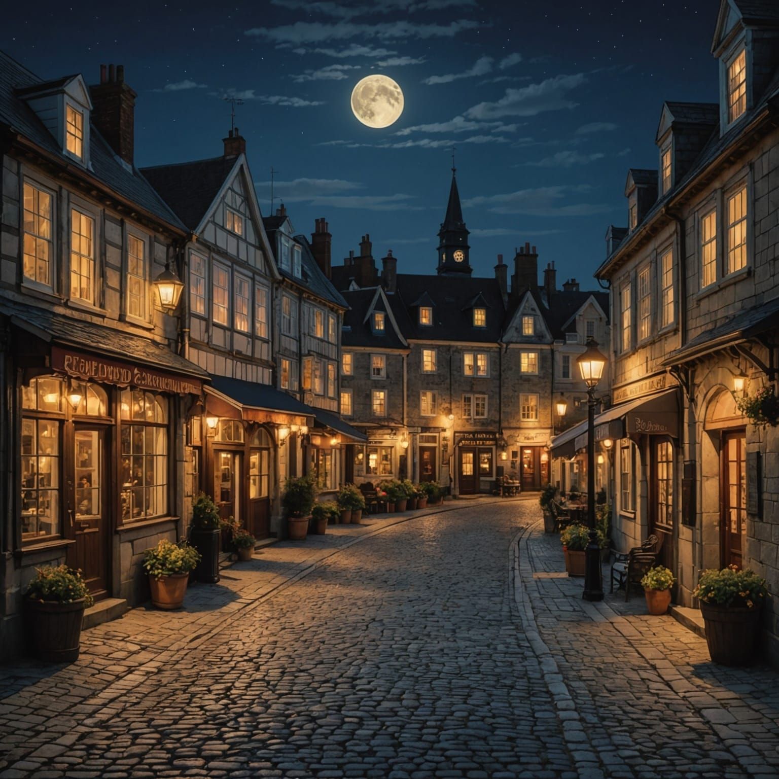 Charming Seaside Town at Night Under Moonlight