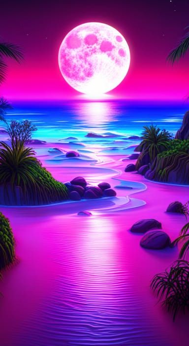 Fantastical Beach Scene in Synthwave Neon Style