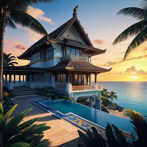 Serene Villa Overlooking Blue Ocean at Sunset
