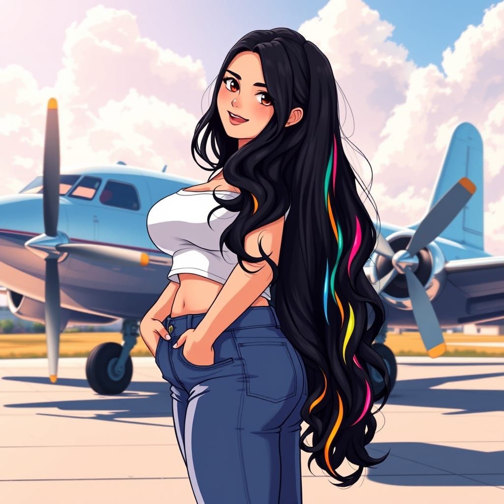 Sultry Girl Surrounded by Vintage Airplane at Sunlit Airfiel...