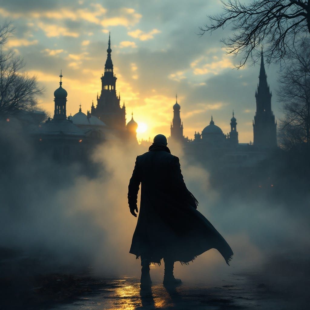 Mysterious Figure in Golden Hour Fog