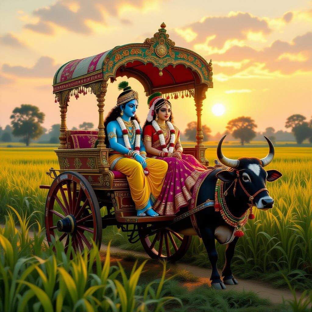 Krishna and Radha Bullock Cart Ride: Golden Hour Art