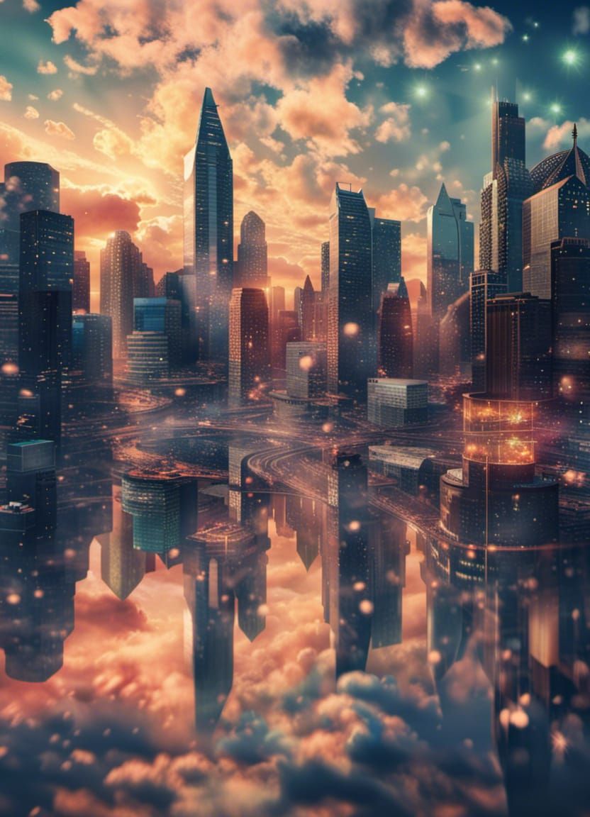 Opalescent Cityscape with Dichroic Light Refraction