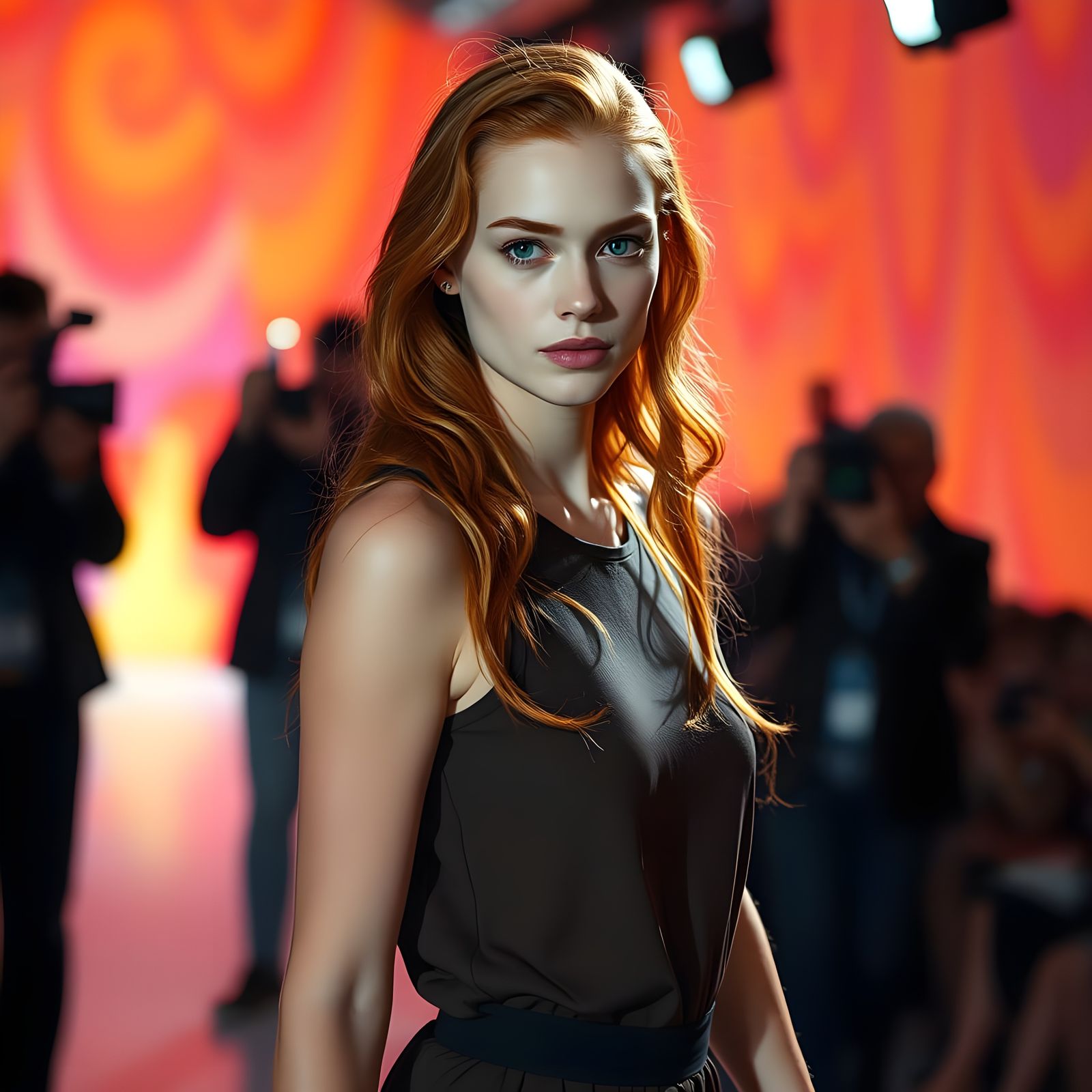 Redhead Supermodel on Runway in Hyperrealistic Style