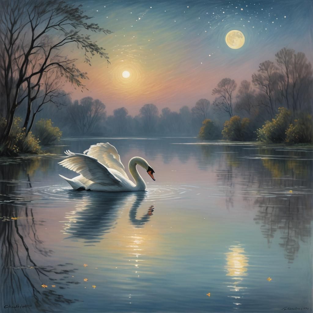 Swan on Moonlit Lake: Impressionistic Pastel Painting