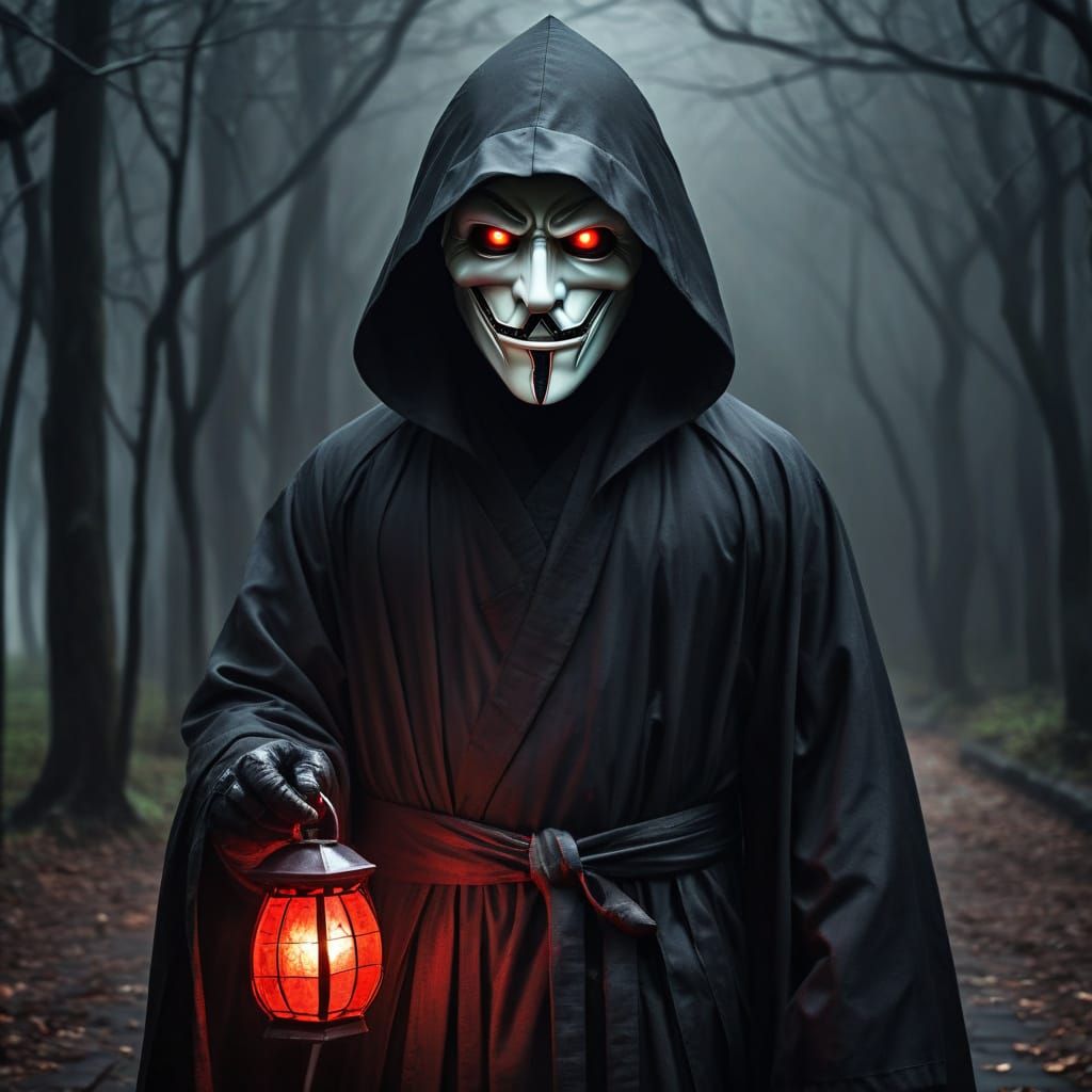 Mysterious Figure in Black Robe with Red Glowing Eyes