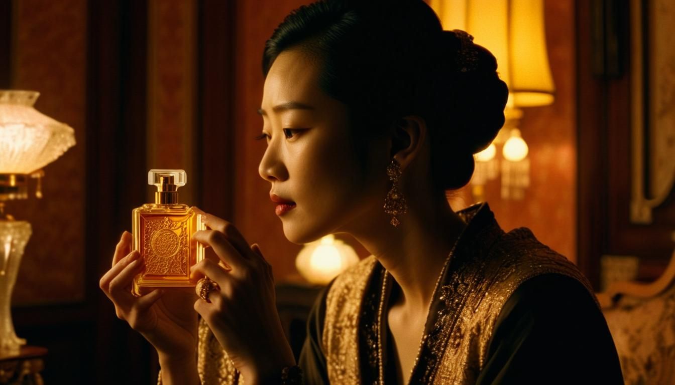 Dreamy Film Still: Woman with Perfume Bottle