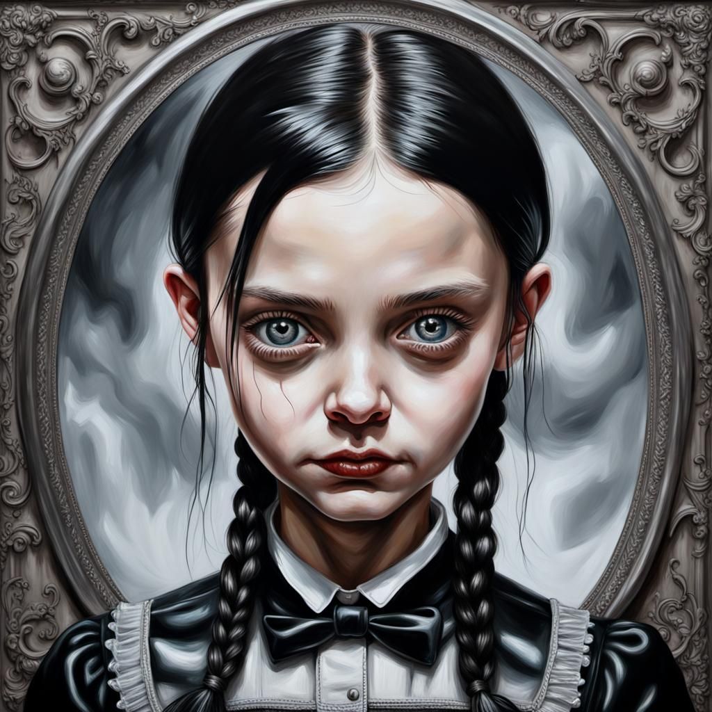 Metallic Wednesday Addams: Hyperdetailed Oil Painting